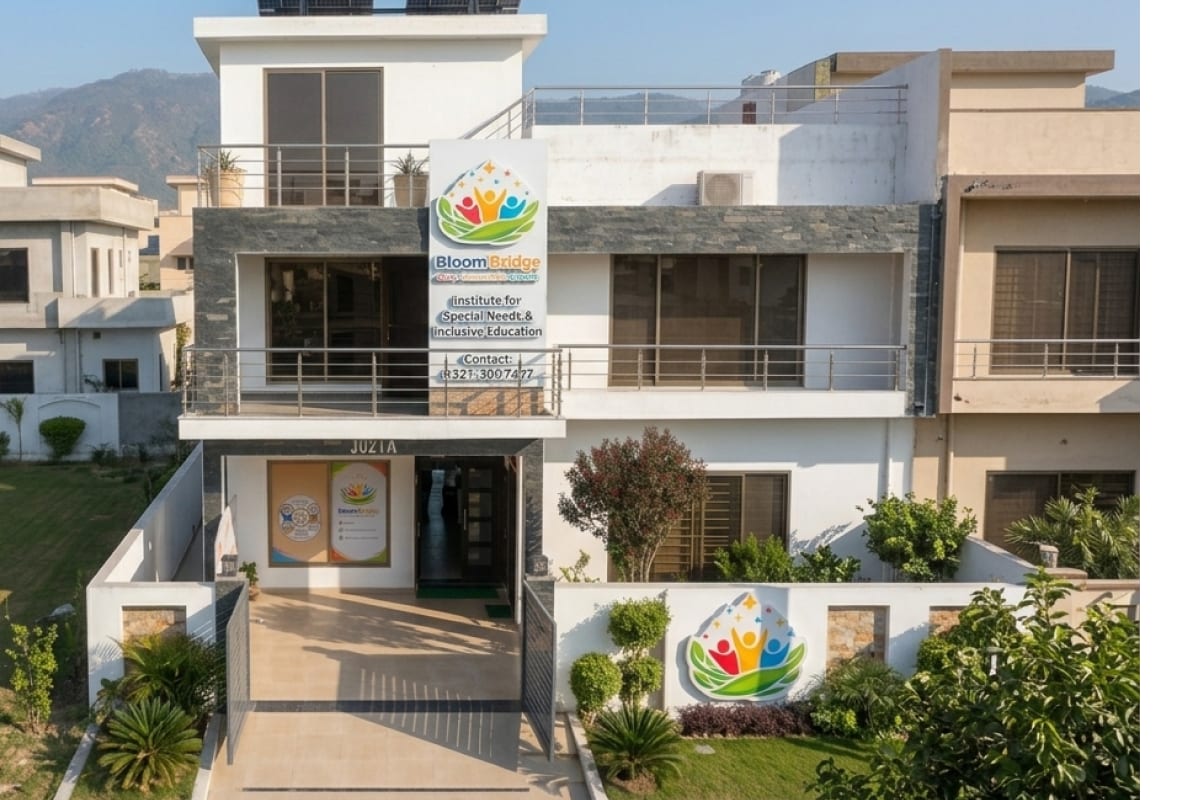 The Bloombridge centre building in Islamabad, with the Margalla Hills in the background