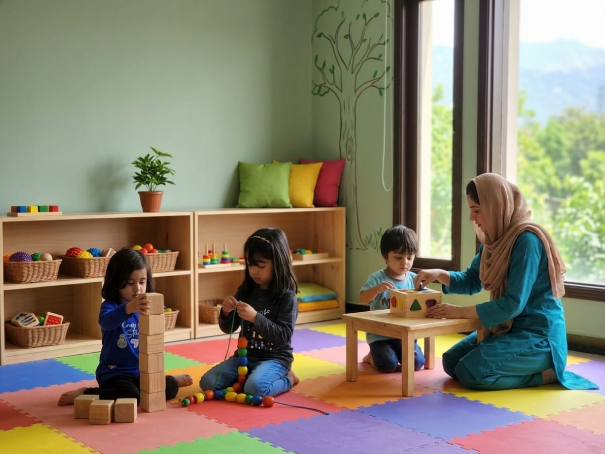Children at Bloombridge in Islamabad taking part in creative, screen-free play with a specialist