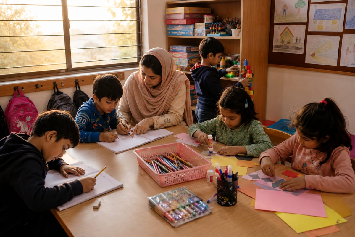 Primary-age children doing a craft project and reading at a shared table, no screens in sight
