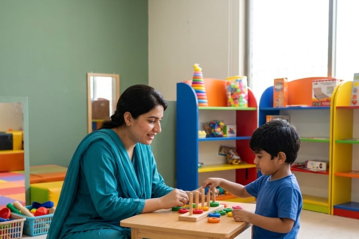 A therapist and a young child working together at a low table in a bright therapy room