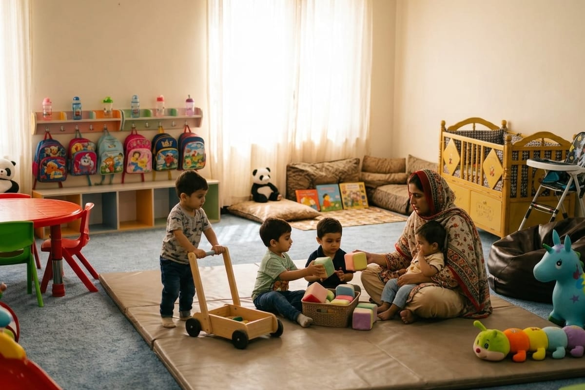 A daycare room in Islamabad with toddlers playing on a soft floor mat while a caregiver supervises